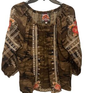 Johnny Was Brown Embroidered Blouse